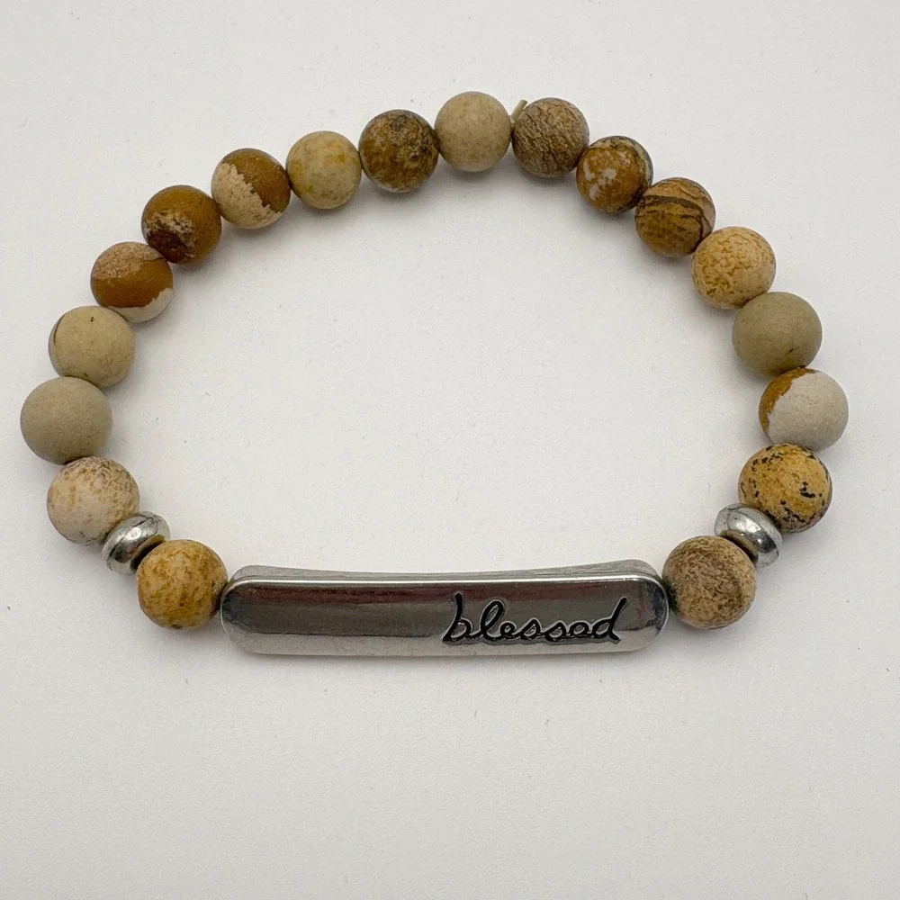 Blessed Bar Beaded Bracelet Women OS Brown Jasper Stone Faith Jewelry Religious